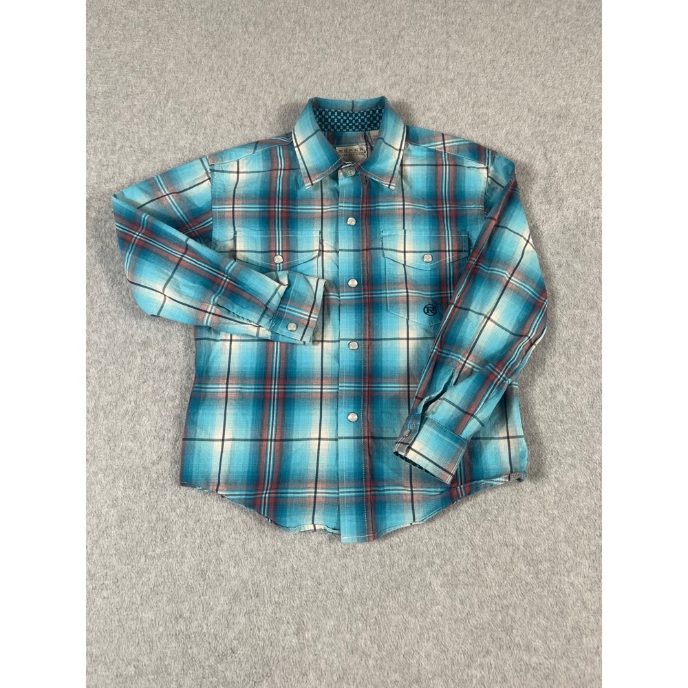 Roper Kids Blue Plaid Long Sleeve Western Pear Snap Shirt Size S 6-7